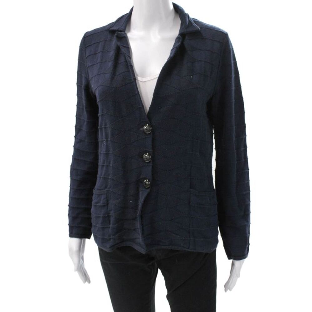 Armani Collezioni Women Cardigan Dark Blue Striped Cotton Long Sleeve Size 8